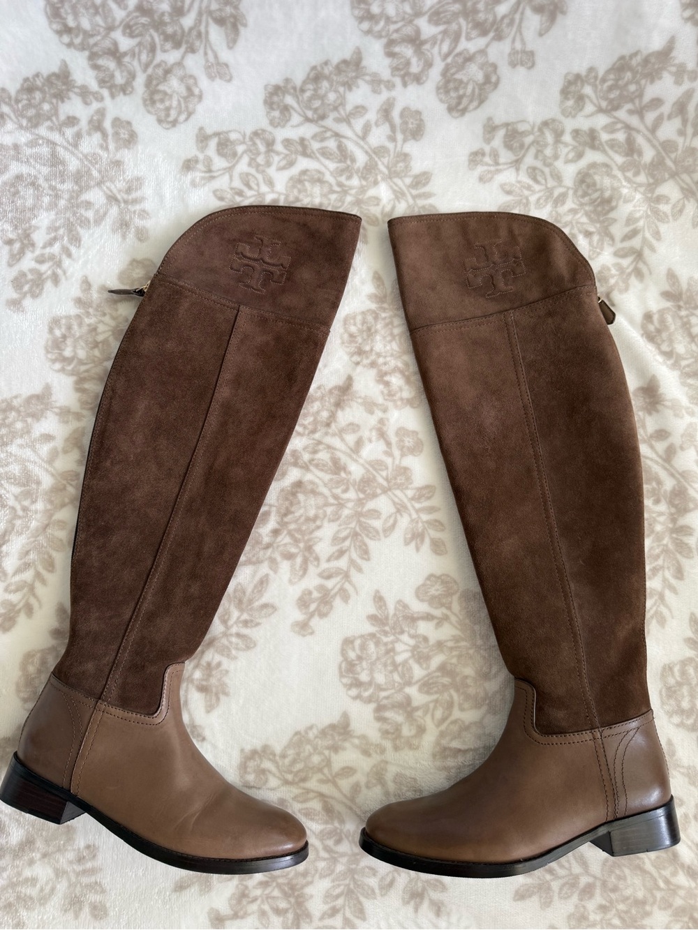 EUC Tory Burch Simone Suede Leather Over The Knee Riding Boots Logo Back Zip